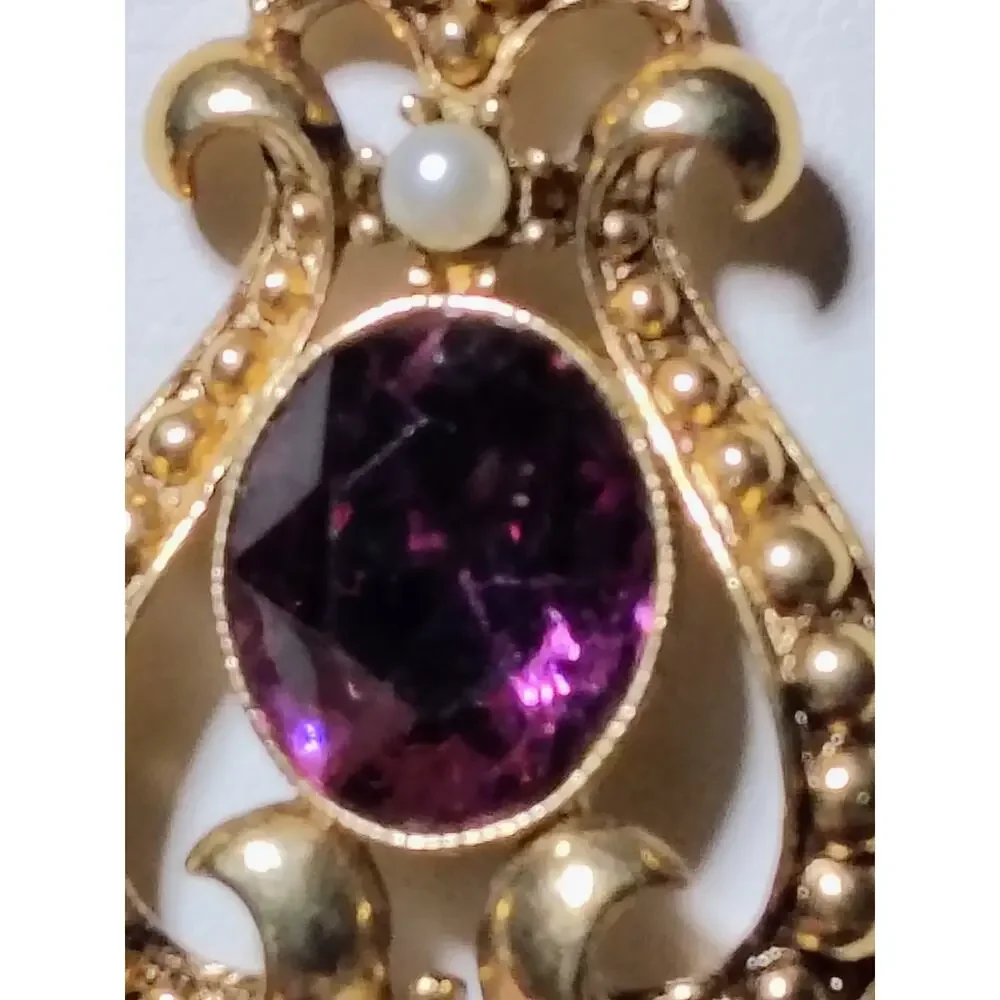 Vintage Avon Purple Crystal Faux Pearl Gold Tone Pendant Necklace